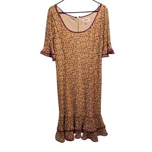 Tatyana Polka Dot Dress with Magenta Pink Trim Tan Ruffle Midi